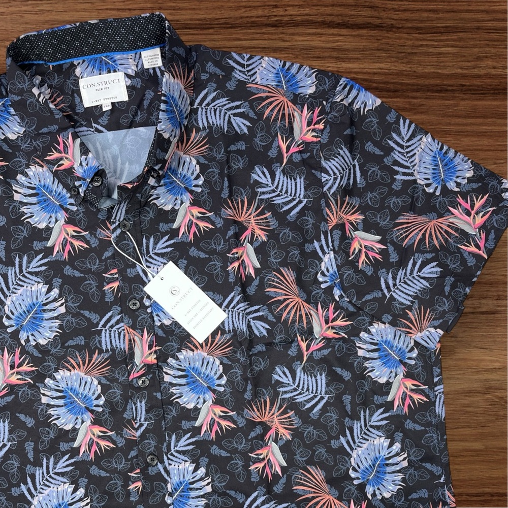 Con.Struct Men’s Black Floral SS Button Down Shirt. Slim Fit Stretch. Size 3XL - Picture 2 of 8